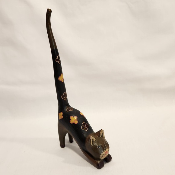Wood Long Tail Small Cat 7" Tall Hand Carved Hand Painted Rings Hair Ties - Picture 1 of 12